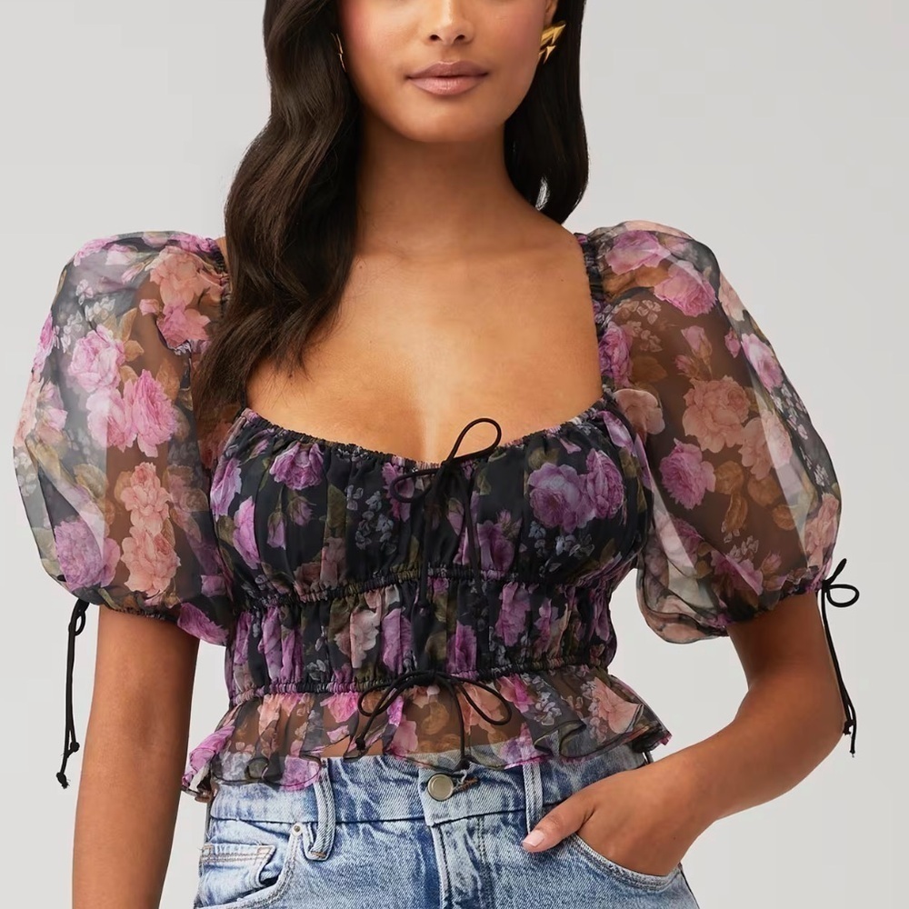 NWT For love and lemons Floral Puff Sleeve sunshine crop Top size XS